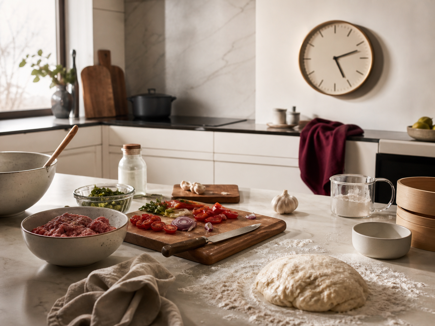 Много ручных этапов приготовления и часы на кухне